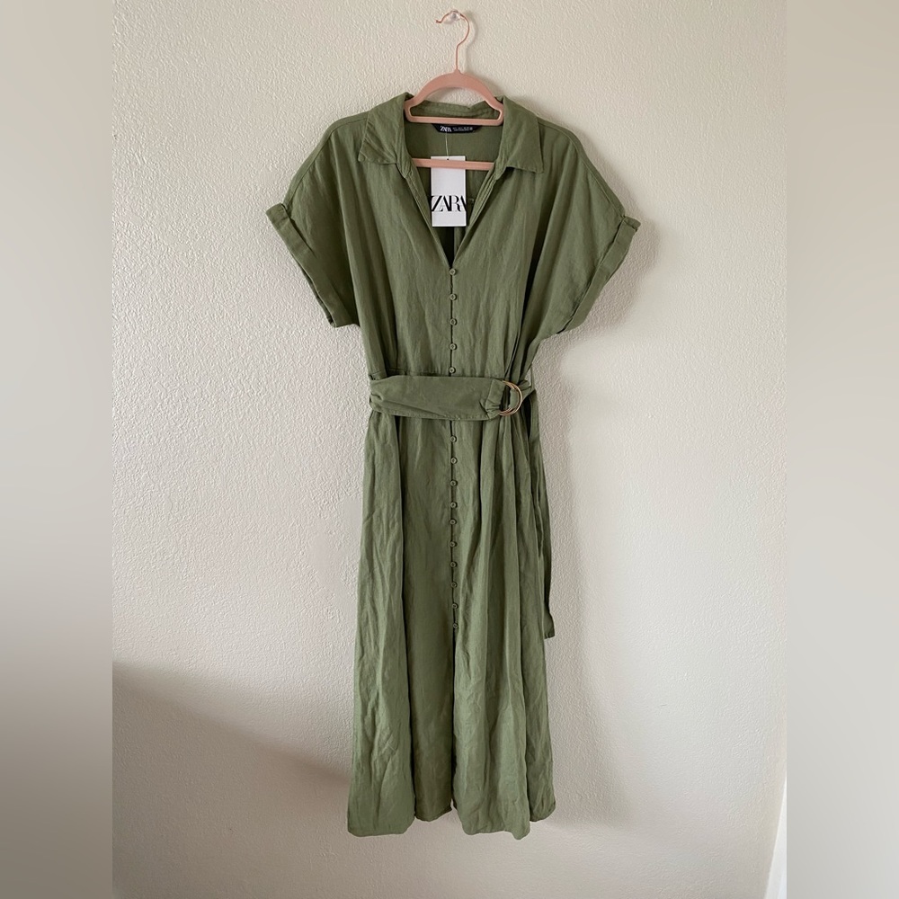 NWT! Zara Light Khaki Linen Blend Dress - Size Large (runs small!)